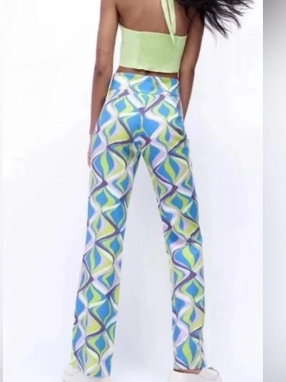 ZARA Linen Blend Printed High Rise Flare Leg Pants Multicolor Size XS